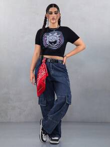 Rick and Morty X SHEIN 大码黑色朋克风格卡通图案修身短袖针织上衣