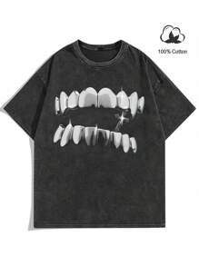 Manfinity EMRG Camiseta de manga corta con cuello redondo para hombres con estampado gráfico de dientes de Halloween, para usar en la calle, para amigos