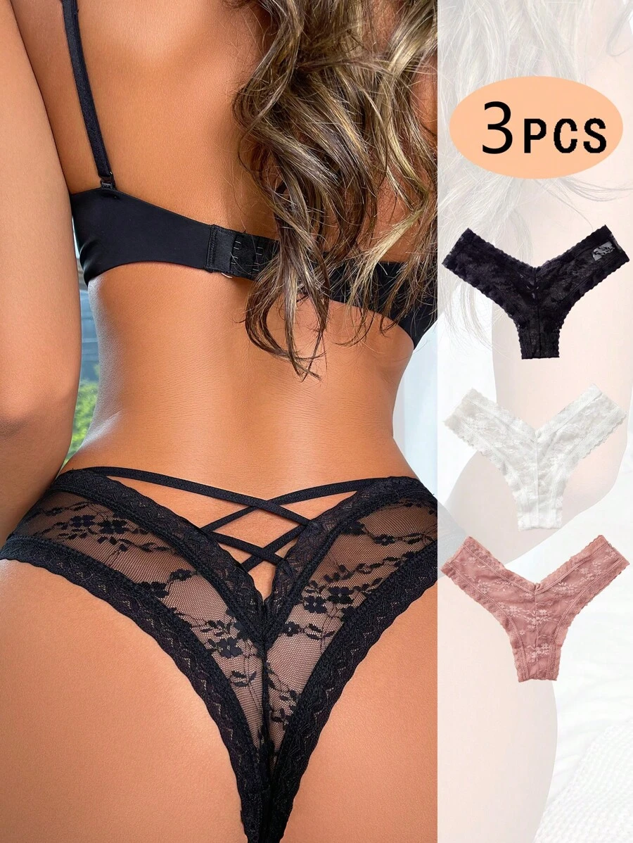 3pcs/Pack Solid Color Lace Trim Panties Lingerie - Multicolor - View 1