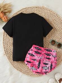 2 cái/bộ Bộ áo thun ngắn tay và quần short in hình hoạt hình dành cho bé gái mới biết đi, mùa hè - Nhiều màu - Xem 2