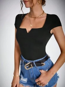 SHEIN Tall Solid Notched Neck Tee - Black - View 6