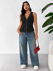 SHEIN EZwear Camisa sin mangas de unicolor de verano informal de talla grande con cordón - Negro - Ver 8