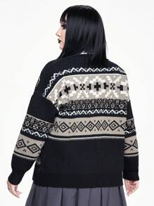 ROMWE Academia Plus Size Retro Black & Gray Jacquard Patterned Cardigan - Black - View 3