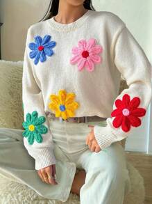 Chiquease Maglione a girocollo con motivo floreale colorato, carino e dolce, maglia a pullover per autunno e inverno - Albicocca - Visualizzare 7