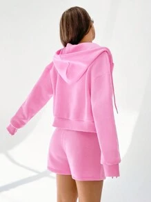 SHEIN Muchic Sudadera con capucha y pantalones cortos rosa con cierre de cremallera, hombros caídos y cordón ajustable - Rosa - Ver 2