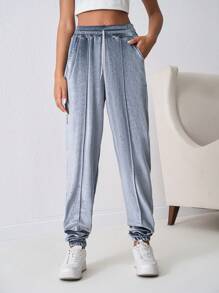 SHEIN Tall Velvet Drawstring Pants With Pocket Stitching - Teal Blue - View 1