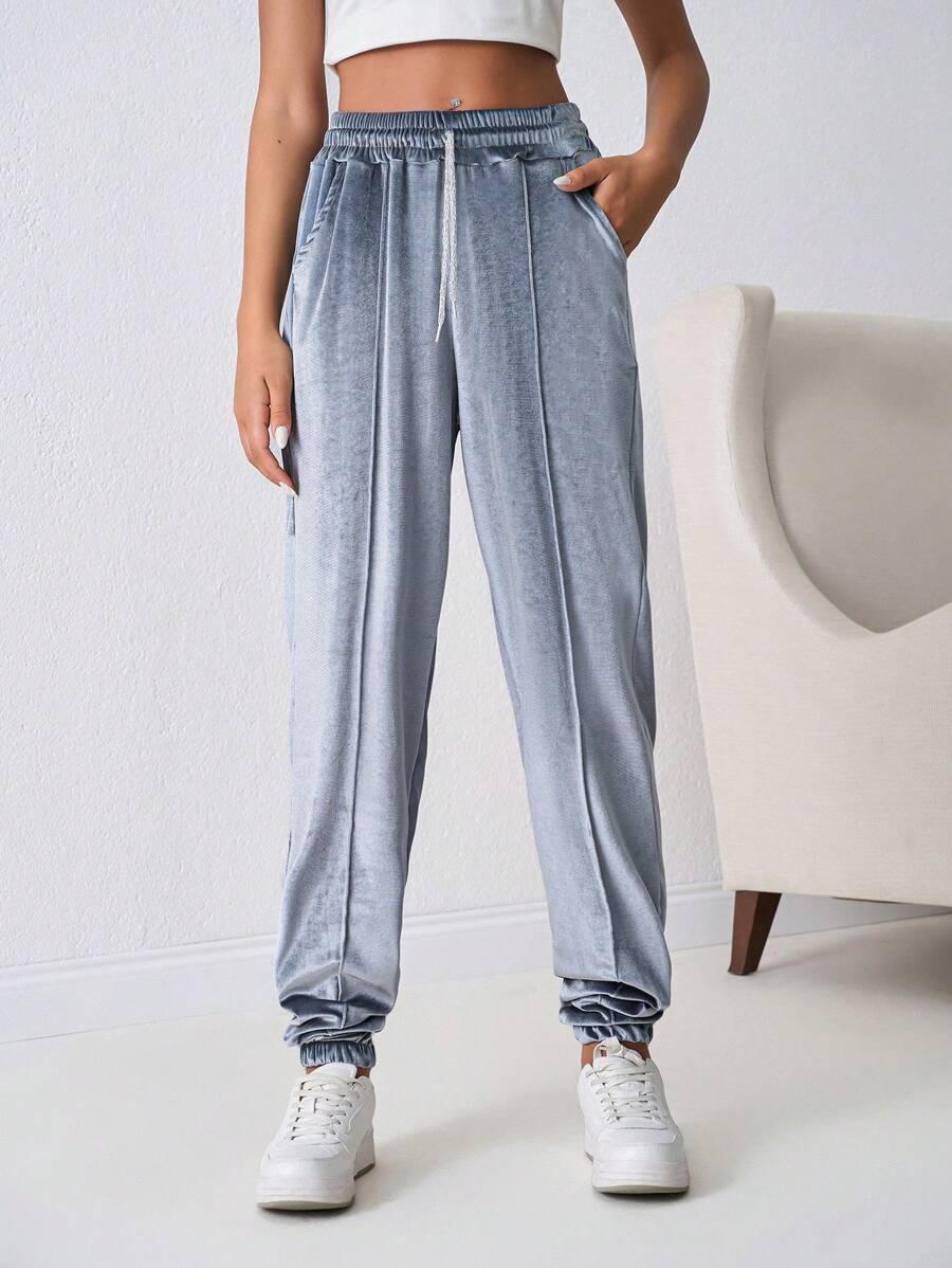 SHEIN Tall Velvet Drawstring Pants With Pocket Stitching - Teal Blue - View 1