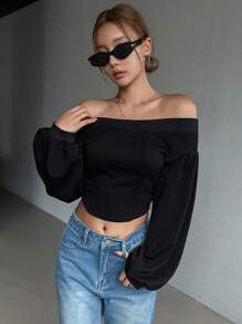 DAZY 女士休闲露肩短款运动衫，春秋装，秋季女装 - 黑色 - 查看 2