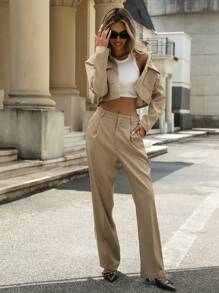 SHEIN X JIMENA & MATEO Aveloria Modichic 2 件套优雅商务办公装长袖衬衫和裤子套装，适合女士，优雅商务休闲女士