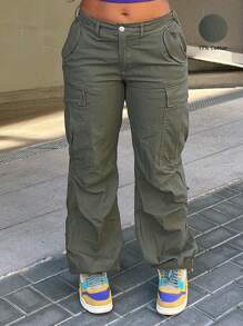 女士休闲直筒工装裤，拉链设计，水洗外观，适合所有季节