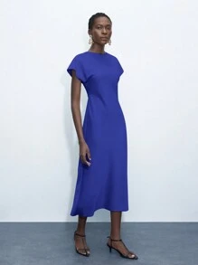 Maija 女式半正式法式简约圆领蝙蝠袖休闲夏季连衣裙 - 藍色 - 查看 5