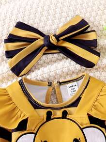 SHEIN Set Baju Terusan Bayi Perempuan Motif Garis-garis Lebah Lengan Panjang + Bordir Lebah - Kuning - View 5