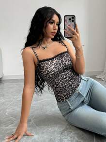 SHEIN Privé American Style Sexy Leopard Print Spaghetti Strap Tank Top For Summer - Multicolor - View 4