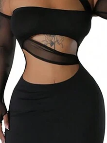 Women's Solid Color Asymmetric Mesh Contrast Cocktail Party Dress, Elegant Long Sleeve Prom Semi Formal Dress, For Birthday, Wedding Guest, Graduation, Dinner, Homecoming - Black - View 6