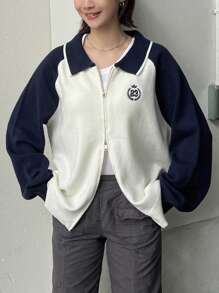 FRIFUL 女式字母印花拼色长袖拉链休闲开衫，秋冬