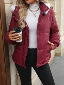 SHEIN LUNE Maroon Long Sleeve Loose Quilted Padded Coat With Removable Fur Collar And Pockets - Redwood - View 5