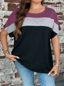 SHEIN LUNE Plus Size Contrast Color Crew Neck Casual Short Sleeve T-Shirt, Fall Women Tops Purple, For Summer - Purple - View 1