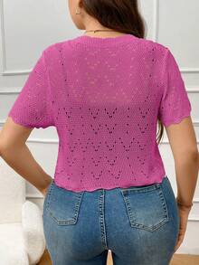 SHEIN Essnce Plus Size V-Neck Ruffled Hem Hollow Tie Front Knitted Short Sleeve Cropped Cardigan - Hot Pink - View 2