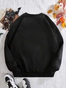 SHEIN LUNE Plus Chic Halloween Graphic Sweatshirt, Round Neck, Long Sleeves, Geometric Patterns,-Spring And Fall, Women's Casual Wear Perfect Graduation,Back To School Outfits,Graduation,Teacher Outfits For Women,Back To School - Black - View 2