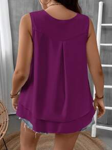 SHEIN LUNE Áo thun nữ cổ chữ V không tay màu trơn nhiều lớp thiết kế rộng rãi thoải mái màu tím mùa thu quần áo - Màu đỏ tím - Xem 2