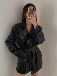 DAZY Women's Lapel Collar Long Sleeve PU Leather Loose Fashion Jacket, Autumn,Fall Women Clothes Women Coats - Black - View 3