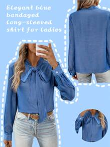 Chiquease 女士纯色系带优雅长袖衬衫 - 藍色 - 查看 7