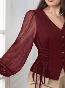 Modelyn 勃艮第红色加大码女式春夏网眼撞色灯笼袖系带优雅衬衫 - 酒紅色 - 查看 1