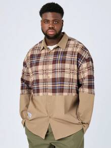 Manfinity VCAY Áo sơ mi dài tay trễ vai dệt chắp vá cỡ lớn dành cho nam, thích hợp cho mùa thu đông - Màu Khaki - Xem 1