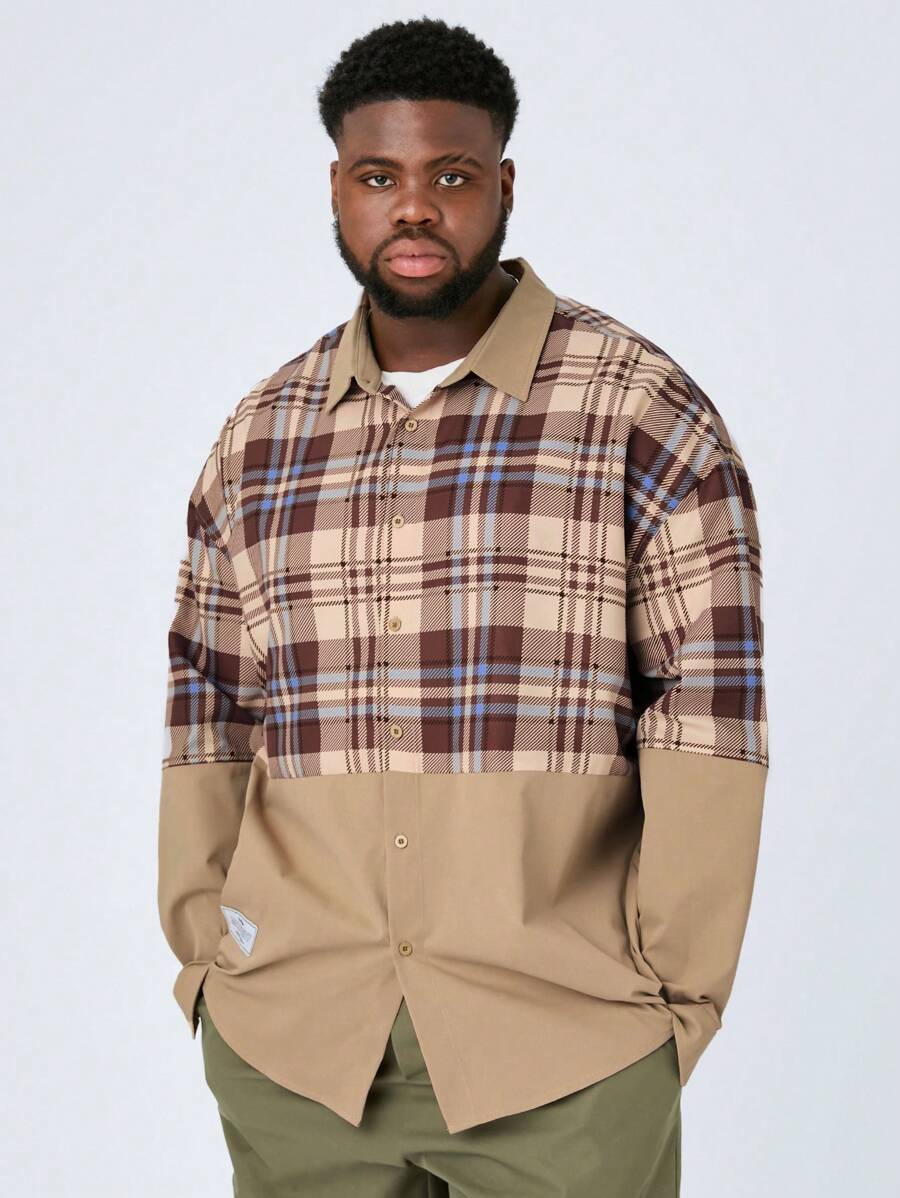 Manfinity VCAY Áo sơ mi dài tay trễ vai dệt chắp vá cỡ lớn dành cho nam, thích hợp cho mùa thu đông - Màu Khaki - Xem 1