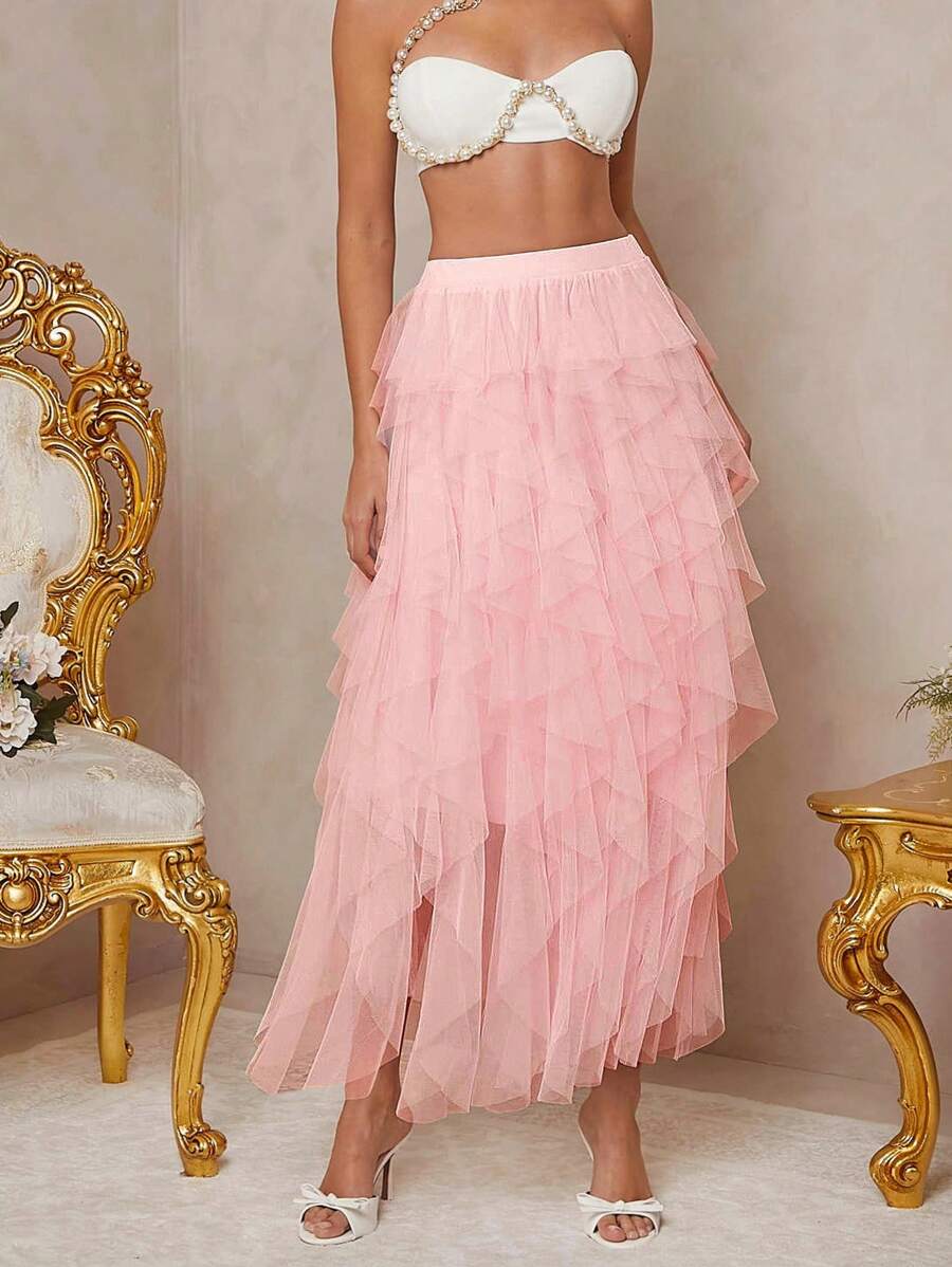 Hauture Ruffle Mesh High Waist Solid Skirt - Pink - View 1
