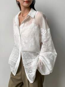 FRIFUL 女士纯色不对称透明蕾丝长袖衬衫、长袖上衣