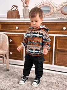 SHEIN 2pcs Baby Boys'  Long Sleeve Sweatshirt And Pants Set With Plush Retro Pattern