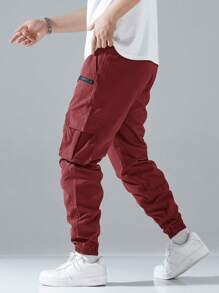 Manfinity Hypemode Loose Men Flap Pocket Side Drawstring Waist Cargo Pants - Burgundy - View 5