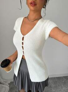 Chiquease Camisa de punto casual de manga corta con cuello en V y abotonadura de un solo color