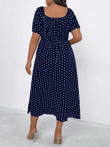 SHEIN Clasi 大码方领前系带短袖全身印花休闲连衣裙