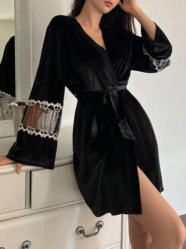 Women's Velvet & Mesh Contrast Long Sleeve Elegant Sleepwear Robe,Back To School, Fall Pajama, Winter