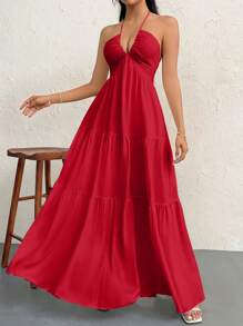 Firerie 女士浪漫花卉印花海滩度假吊带 V 领褶皱露背 A 字裙，适合夏季夏威夷 - 紅色 - 查看 5