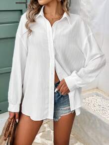 SHEIN Frenchy 女士秋冬休闲前开超大纹理面料通勤衬衫、长袖上衣 - 白色 - 查看 1