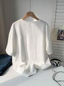 SHEIN EZwear 大码樱桃图案圆领短袖 T 恤，休闲宽松套头衫，大码，夏季 - 白色 - 查看 3