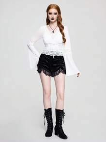 ROMWE Goth Sexy V-Neck Contrast Lace Bell Sleeve Blouse - White - View 4