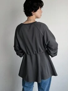 FRIFUL 女士灰色荷叶边下摆圆领T恤，秋装 - 灰色 - 查看 10