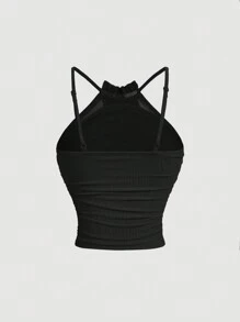 SHEIN MOD 杏色弹力网眼褶皱女式背心，夏季，黑色上衣 - 黑色 - 查看 2