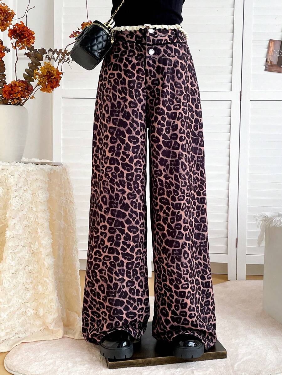 Soleia 休閒黑白拼色打褶邊喇叭褲