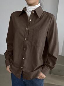 DAZY Áo sơ mi nhung kẻ tay dài cổ bẻ rộng rãi cho nữ, áo phông trơn màu, quần áo nữ mùa thu - Cà phê nâu - Xem 4