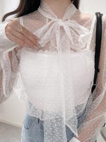 FRIFUL 女士纯色前系带透明长袖上衣，休闲度假