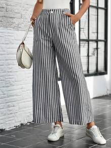 SHEIN LUNE 直筒黑白条纹休闲复古返校女教师工作裤，秋季