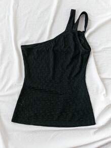 SHEIN VCAY Women's Solid Asymmetrical Shoulder Simple Casual Black Top - Black - View 2