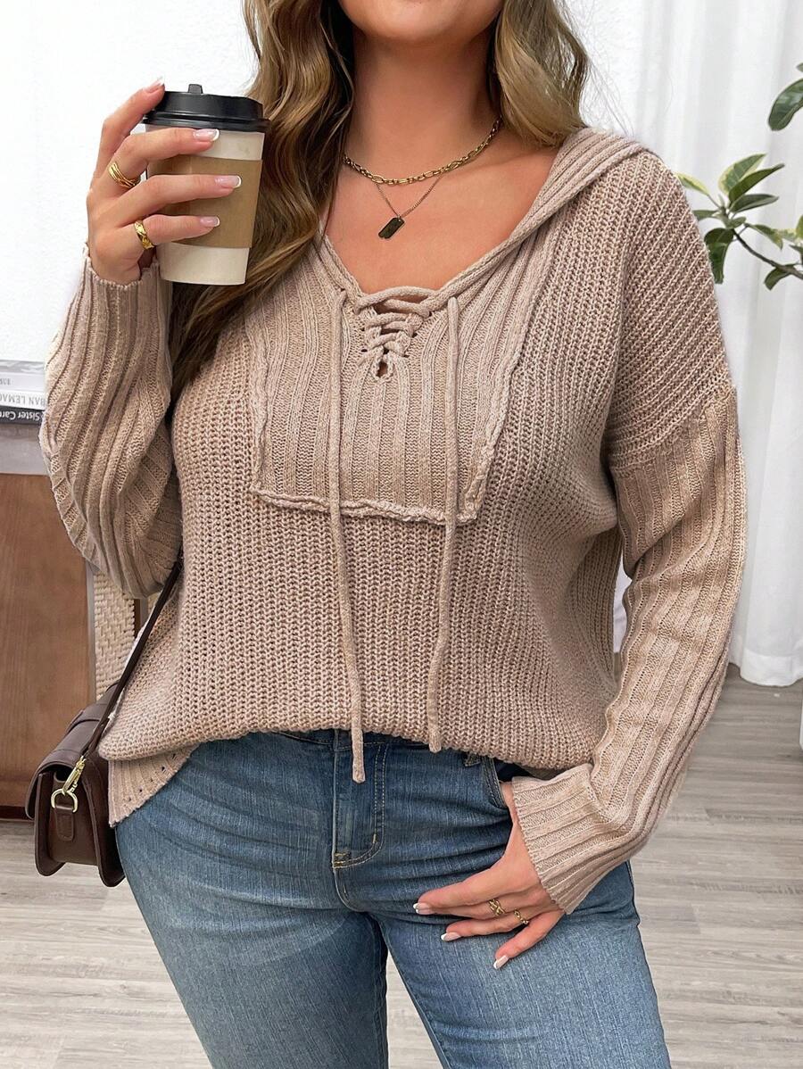Calvaya Maglione casual a maniche lunghe con cappuccio e coulisse, in maglia, taglia comoda, per autunno e inverno - Cachi - Visualizzare 1