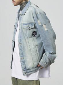 Manfinity Roughcore Jaket Denim Lengan Panjang Pria Warna Polos dengan Saku Tempel dan Kancing Depan - Biru - View 7