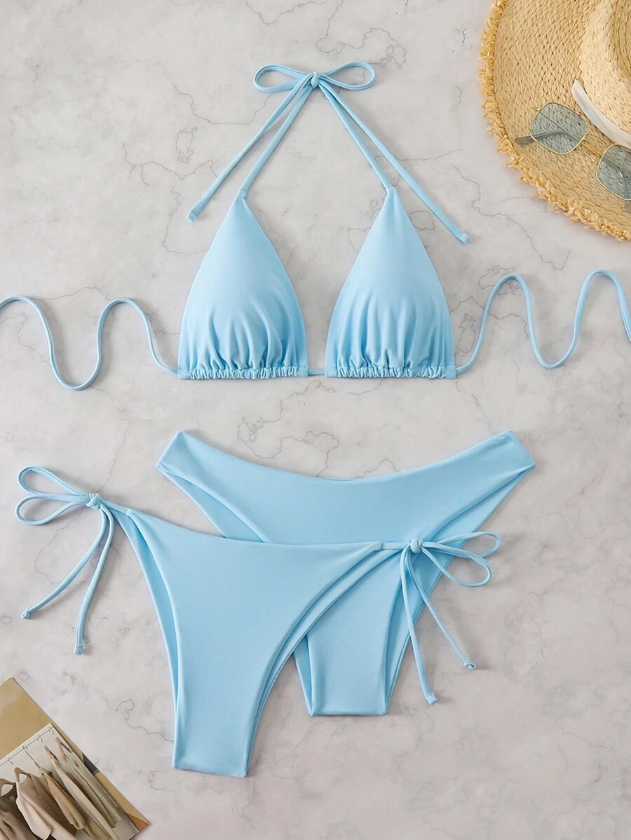 Swim Mod 3pcs Women Summer Beach Solid Color Halter Tie Sexy Bikini Swimwear Set - Baby Blue - View 1